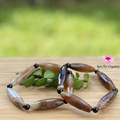 Banded Agate (Long Rice Shaped Bead) With Black Onyx Bracelet(Remedy For Stability And Protection)