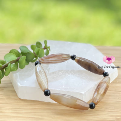 Banded Agate (Long Rice Shaped Bead) With Black Onyx Bracelet(Remedy For Stability And Protection)