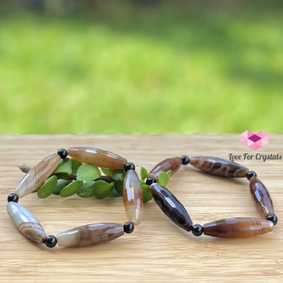 Banded Agate (Long Rice Shaped Bead) With Black Onyx Bracelet(Remedy For Stability And Protection)