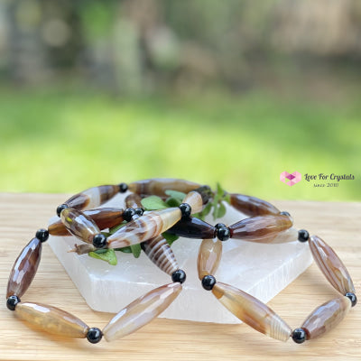 Banded Agate (Long Rice Shaped Bead) With Black Onyx Bracelet(Remedy For Stability And Protection)