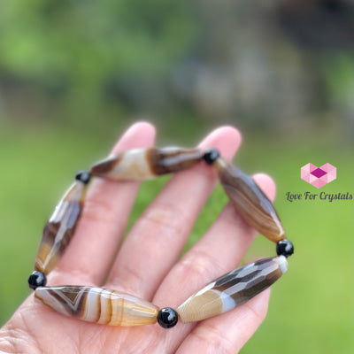 Banded Agate (Long Rice Shaped Bead) With Black Onyx Bracelet(Remedy For Stability And Protection)