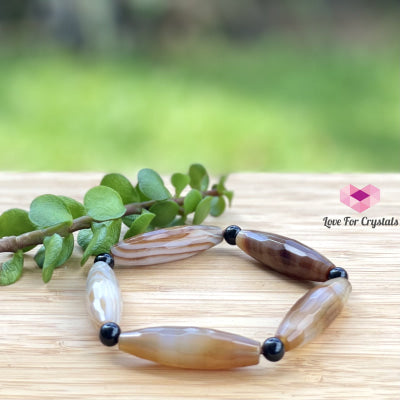 Banded Agate (Long Rice Shaped Bead) With Black Onyx Bracelet(Remedy For Stability And Protection)