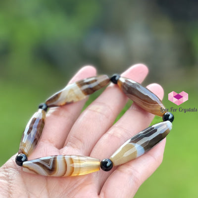 Banded Agate (Long Rice Shaped Bead) With Black Onyx Bracelet(Remedy For Stability And Protection)