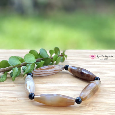 Banded Agate (Long Rice Shaped Bead) With Black Onyx Bracelet(Remedy For Stability And Protection)