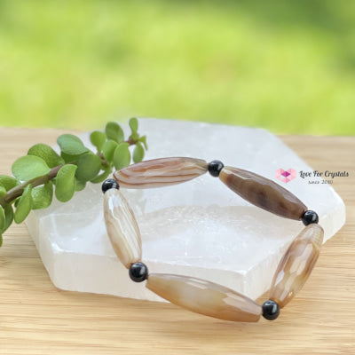 Banded Agate (Long Rice Shaped Bead) With Black Onyx Bracelet(Remedy For Stability And Protection)