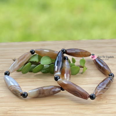 Banded Agate (Long Rice Shaped Bead) With Black Onyx Bracelet(Remedy For Stability And Protection)