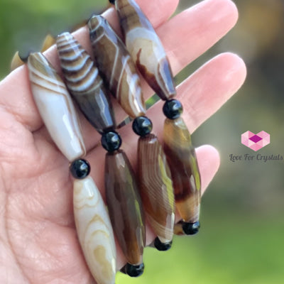 Banded Agate (Long Rice Shaped Bead) With Black Onyx Bracelet(Remedy For Stability And Protection)