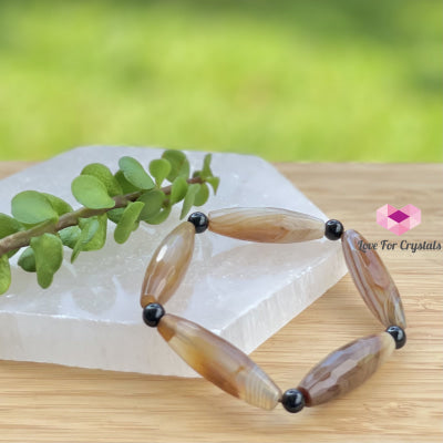 Banded Agate (Long Rice Shaped Bead) With Black Onyx Bracelet(Remedy For Stability And Protection)