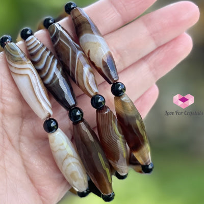Banded Agate (Long Rice Shaped Bead) With Black Onyx Bracelet(Remedy For Stability And Protection)