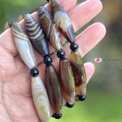 Banded Agate (Long Rice Shaped Bead) With Black Onyx Bracelet(Remedy For Stability And Protection)