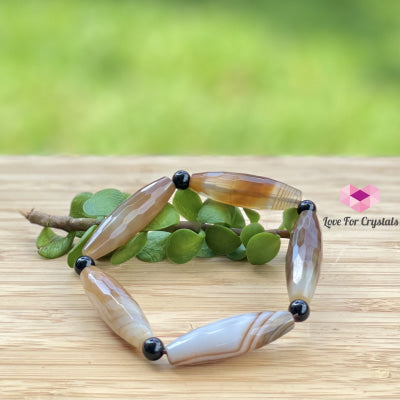 Banded Agate (Long Rice Shaped Bead) With Black Onyx Bracelet(Remedy For Stability And Protection)
