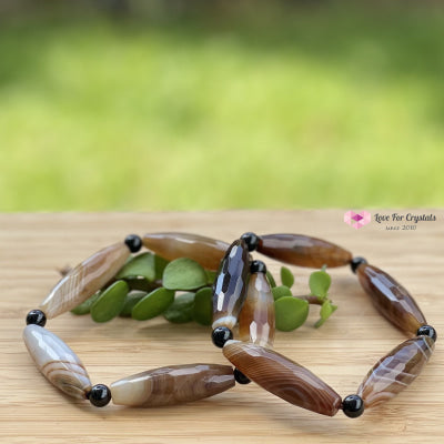 Banded Agate (Long Rice Shaped Bead) With Black Onyx Bracelet(Remedy For Stability And Protection)