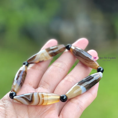 Banded Agate (Long Rice Shaped Bead) With Black Onyx Bracelet(Remedy For Stability And Protection)
