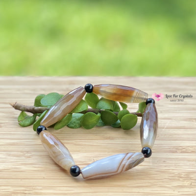 Banded Agate (Long Rice Shaped Bead) With Black Onyx Bracelet(Remedy For Stability And Protection)