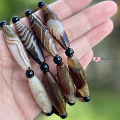 Banded Agate (Long Rice Shaped Bead) With Black Onyx Bracelet(Remedy For Stability And Protection)