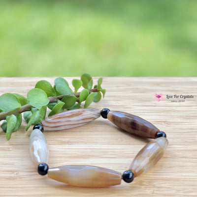 Banded Agate (Long Rice Shaped Bead) With Black Onyx Bracelet(Remedy For Stability And Protection)