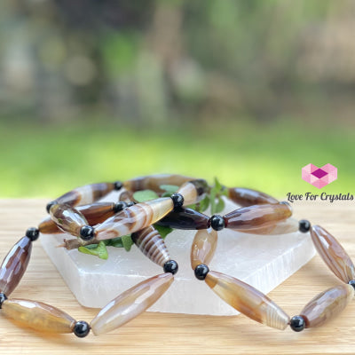 Banded Agate (Long Rice Shaped Bead) With Black Onyx Bracelet(Remedy For Stability And Protection)