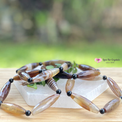 Banded Agate (Long Rice Shaped Bead) With Black Onyx Bracelet(Remedy For Stability And Protection)