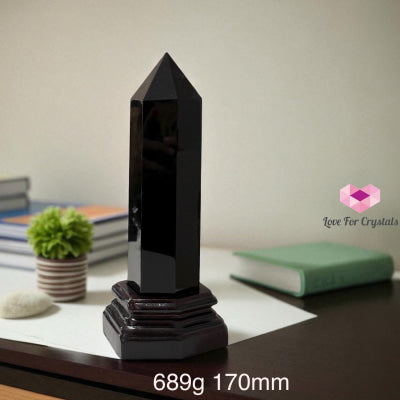 Black Obsidian Anchor Pointer with Wooden Stand 689g 170mm Obsidian