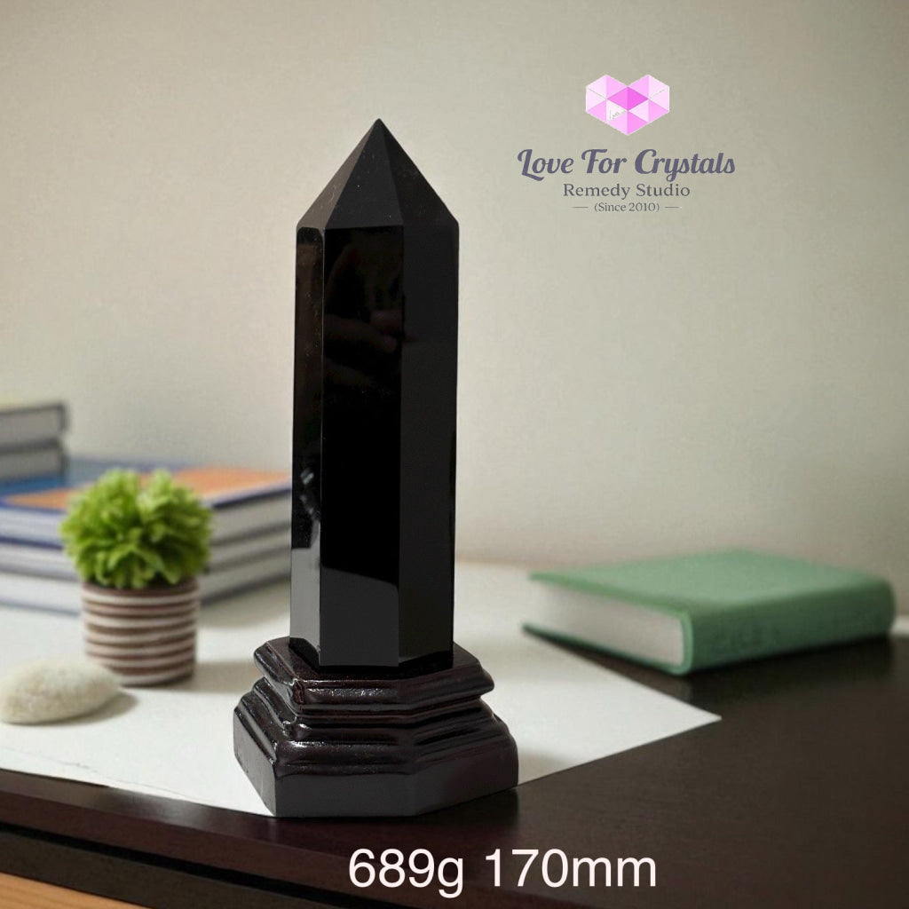 Black Obsidian Anchor Pointer with Wooden Stand 689g 170mm Obsidian