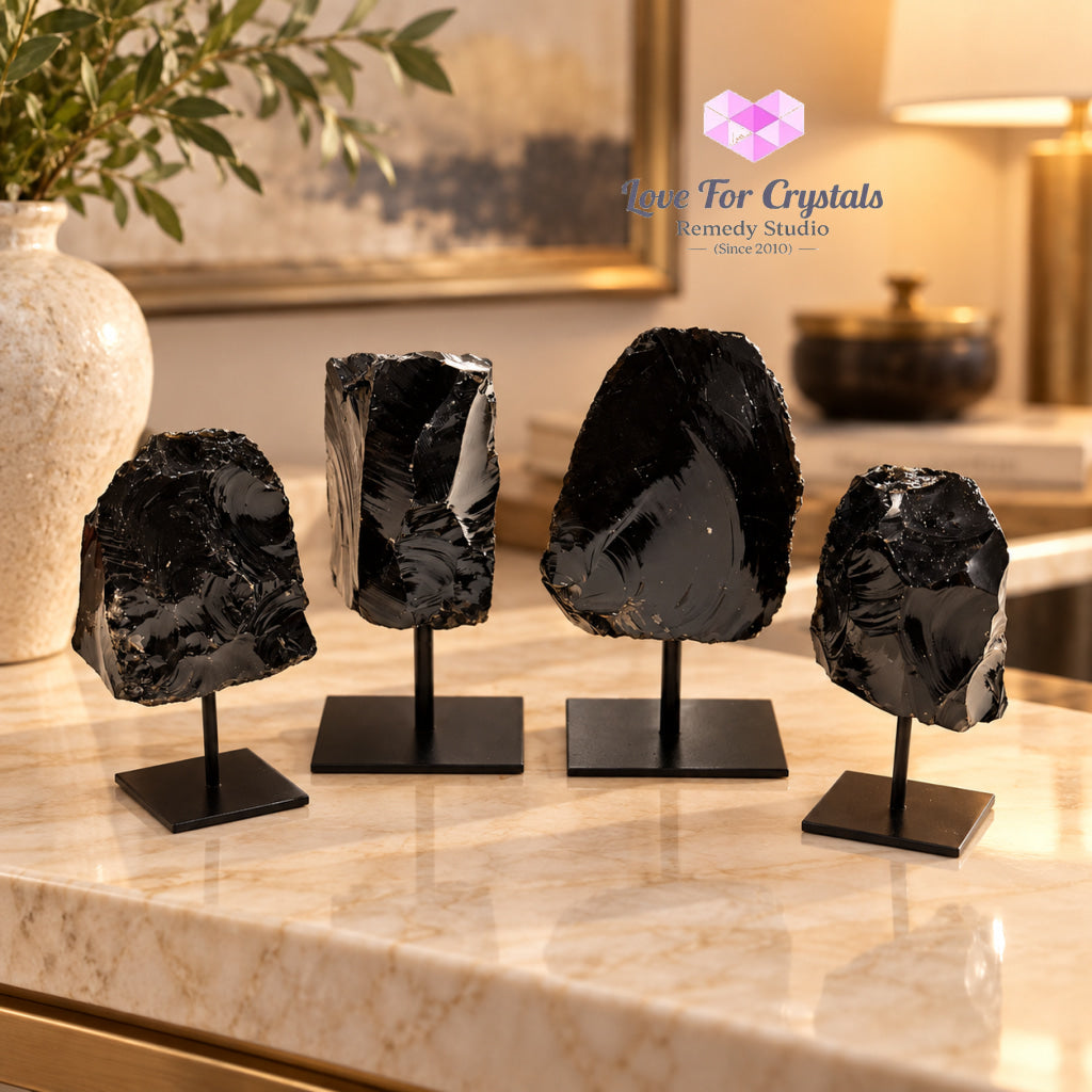 Black Obsidian Raw Mounted on Black Metal Stand (Brazil) Shield Anchor - Obsidian