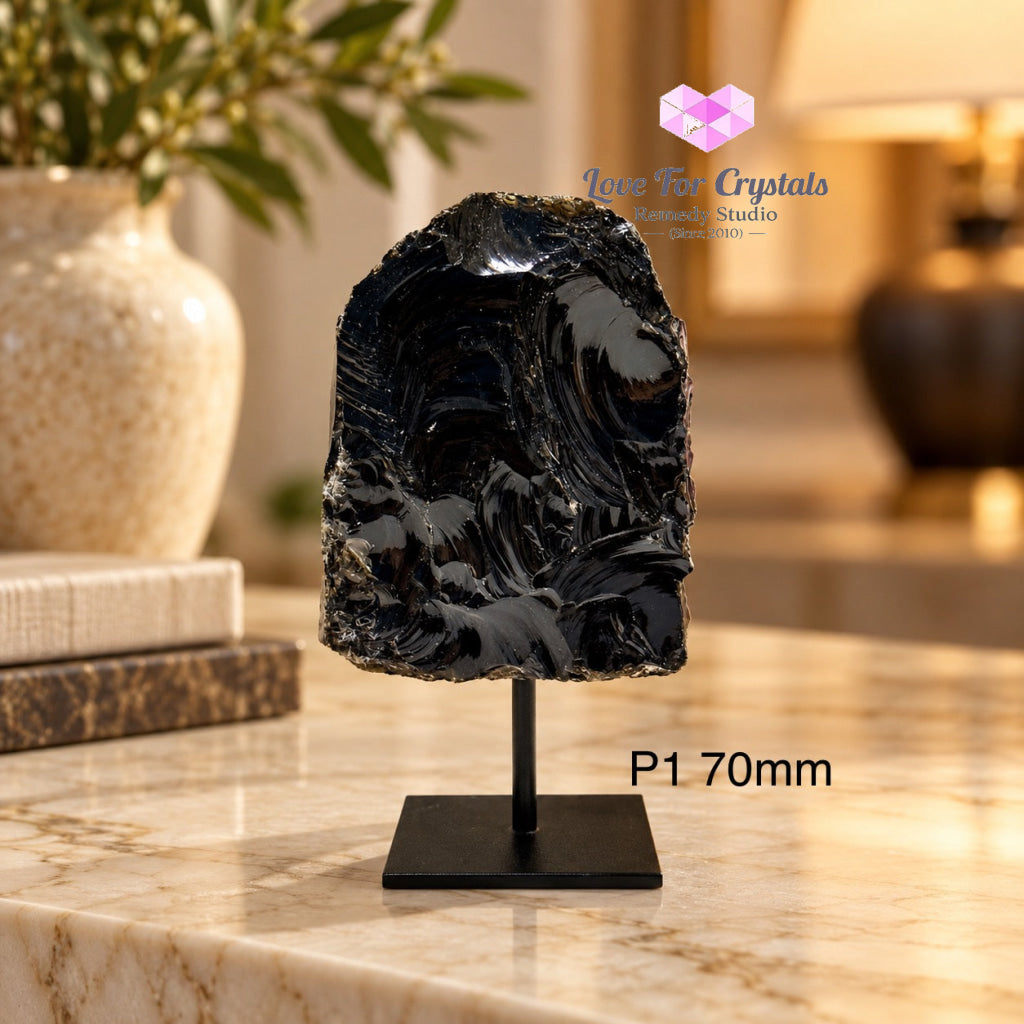 Black Obsidian Raw Mounted on Black Metal Stand (Brazil) Shield Anchor - P1 70mm - Obsidian