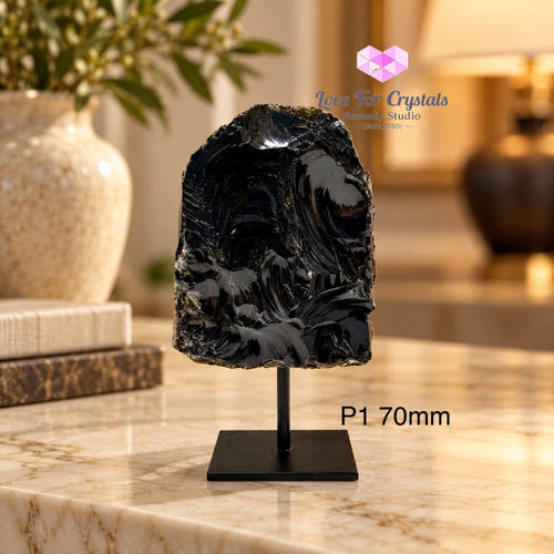 Black Obsidian Raw Mounted on Black Metal Stand (Brazil) Shield Anchor - P1 70mm - Obsidian
