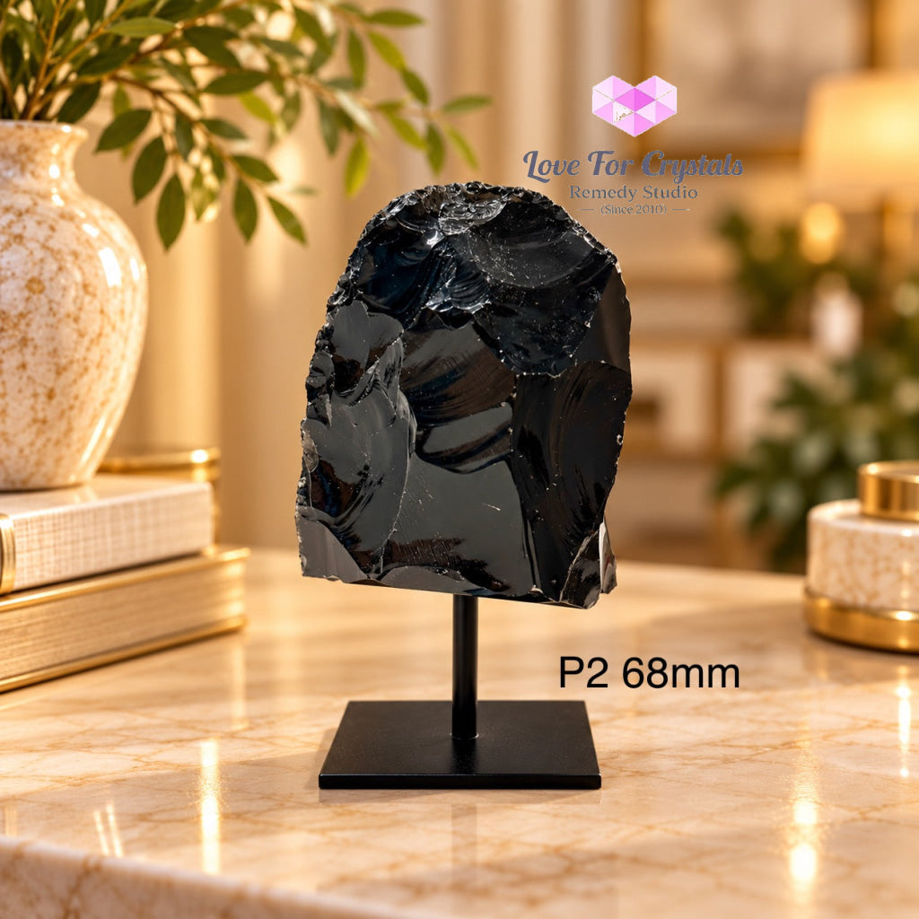 Black Obsidian Raw Mounted on Black Metal Stand (Brazil) Shield Anchor - P2 68mm - Obsidian