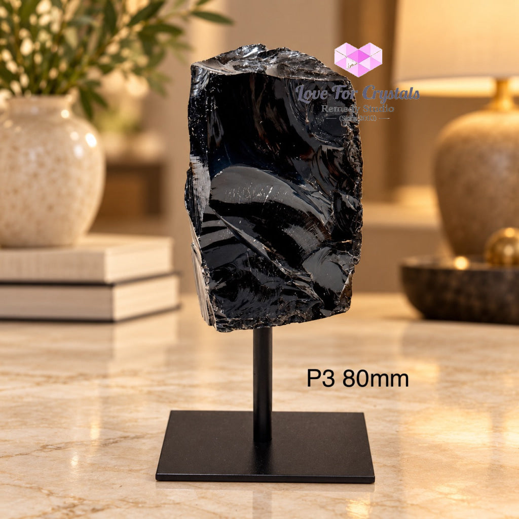 Black Obsidian Raw Mounted on Black Metal Stand (Brazil) Shield Anchor - P3 80mm - Obsidian