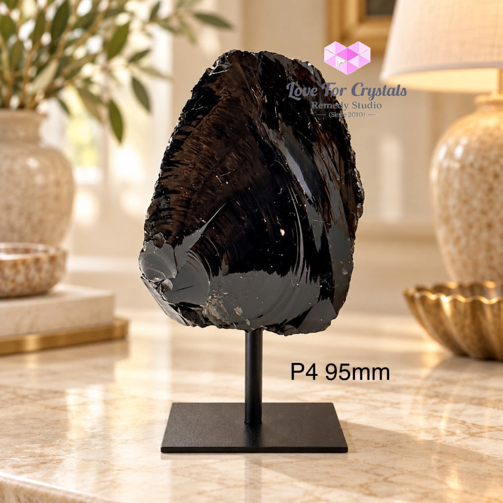 Black Obsidian Raw Mounted on Black Metal Stand (Brazil) Shield Anchor - P4 95mm - Obsidian