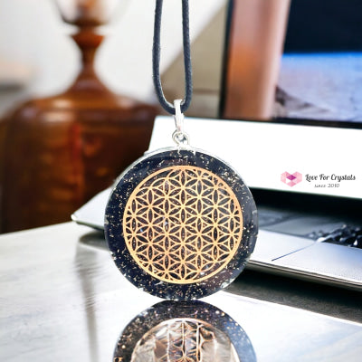 Black Tourmaline Orgonite Pendant With Flower Of Life Symbol (Protection & Shield) 40Mm Orgonites
