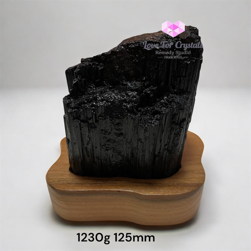 Black Tourmaline Raw with wooden stand (Large) Brazil AAA grade (Pre-activated) 1230g 125mm Raw crystals