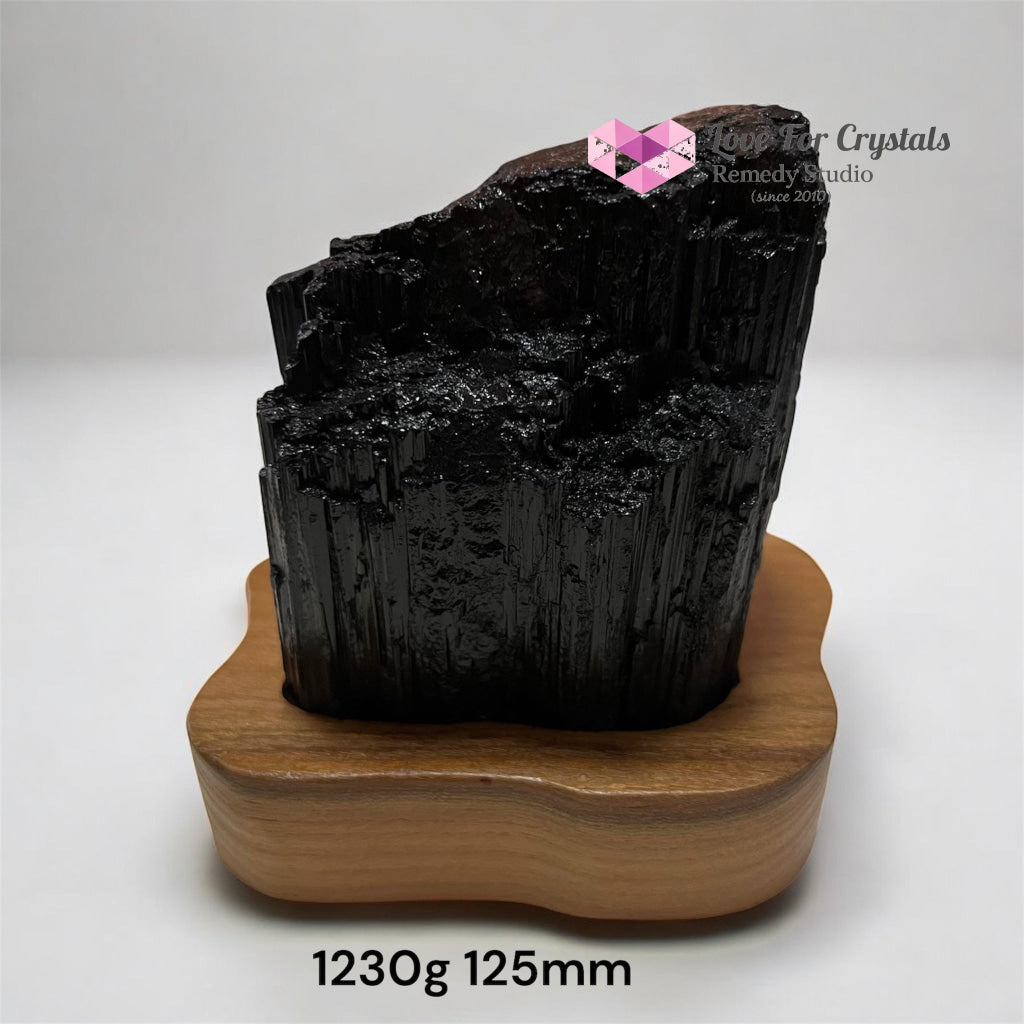 Black Tourmaline Raw with wooden stand (Large) Brazil AAA grade (Pre-activated) 1230g 125mm Raw crystals