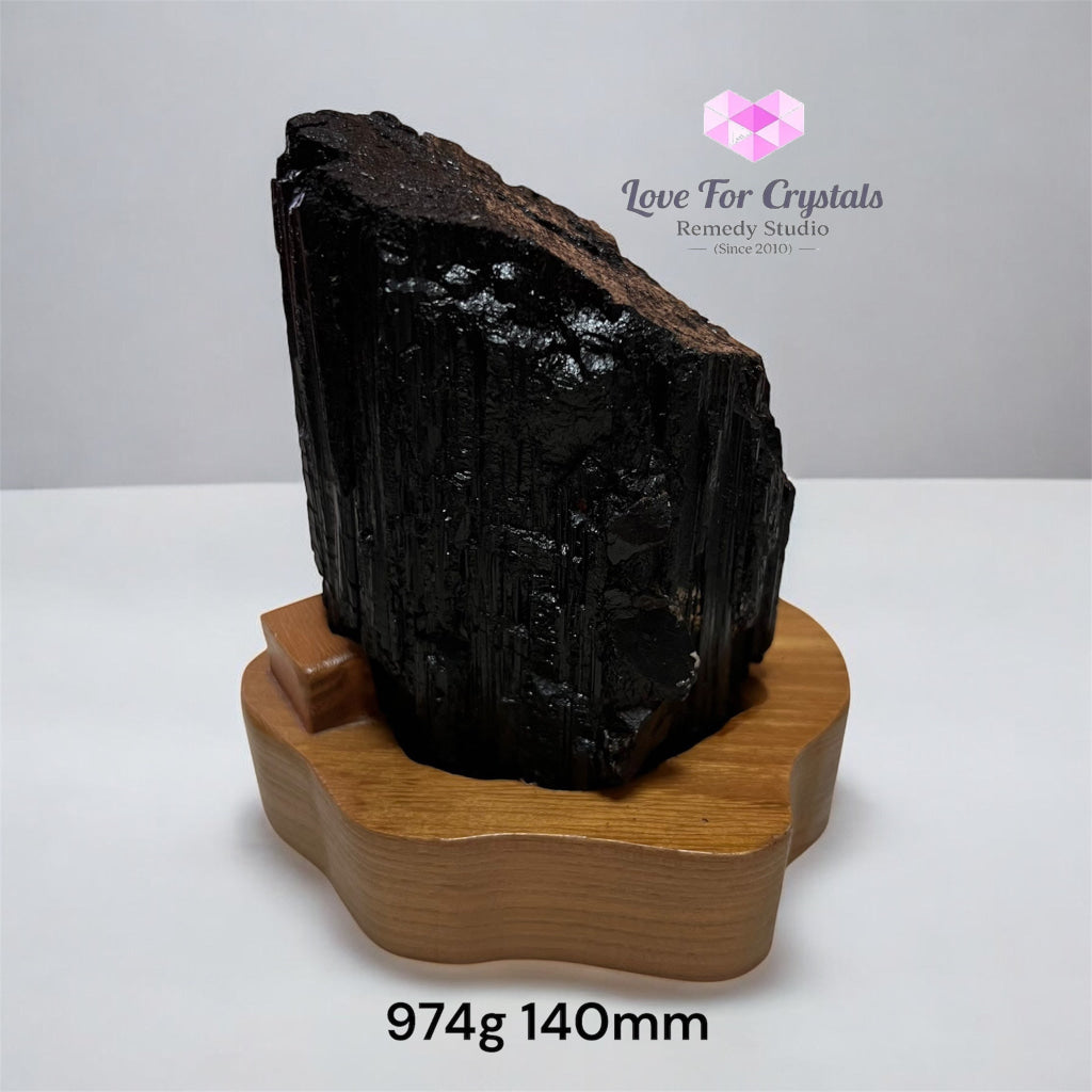 Black Tourmaline Raw with wooden stand (Large) Brazil AAA grade (Pre-activated) 974g 140mm Raw crystals