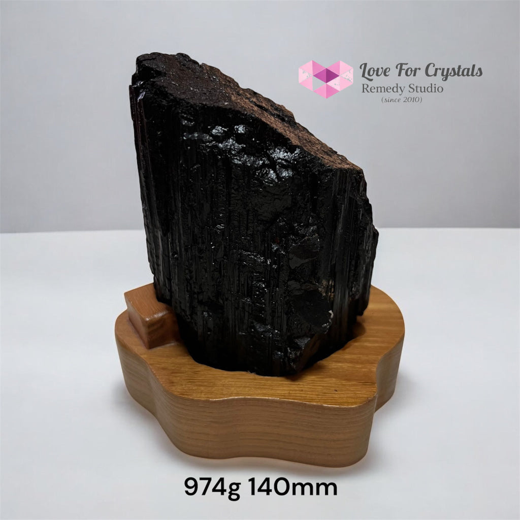 Black Tourmaline Raw with wooden stand (Large) Brazil AAA grade (Pre-activated) 974g 140mm Raw crystals