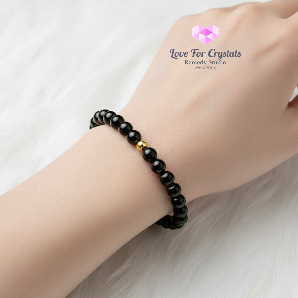 Black Tourmaline Strong Protection 6mm Bracelet with 14k gold filled bead Bracelets & Bangles
