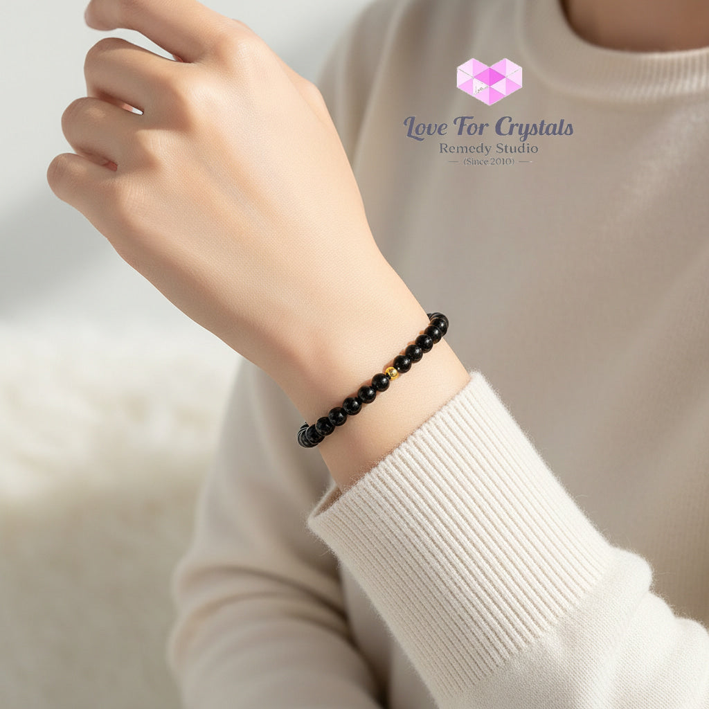Black Tourmaline Strong Protection 6mm Bracelet with 14k gold filled bead Bracelets & Bangles