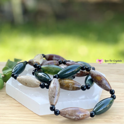 Bloodstone (Long Rice Shaped Beads) With Onyx Bracelet Bracelets