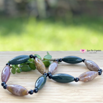 Bloodstone (Long Rice Shaped Beads) With Onyx Bracelet Bracelets