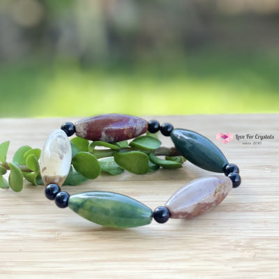 Bloodstone (Long Rice Shaped Beads) With Onyx Bracelet Bracelets