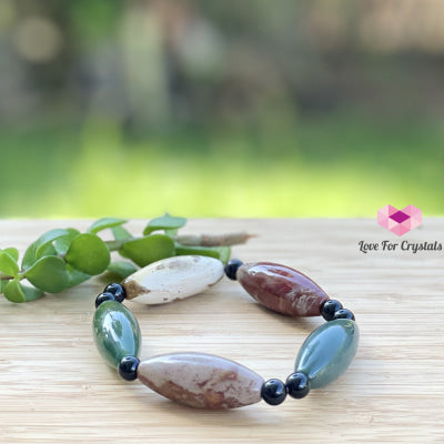 Bloodstone (Long Rice Shaped Beads) With Onyx Bracelet Bracelets