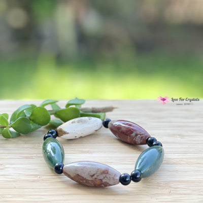 Bloodstone (Long Rice Shaped Beads) With Onyx Bracelet Bracelets