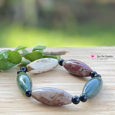 Bloodstone (Long Rice Shaped Beads) With Onyx Bracelet Size 5.5 Bracelets
