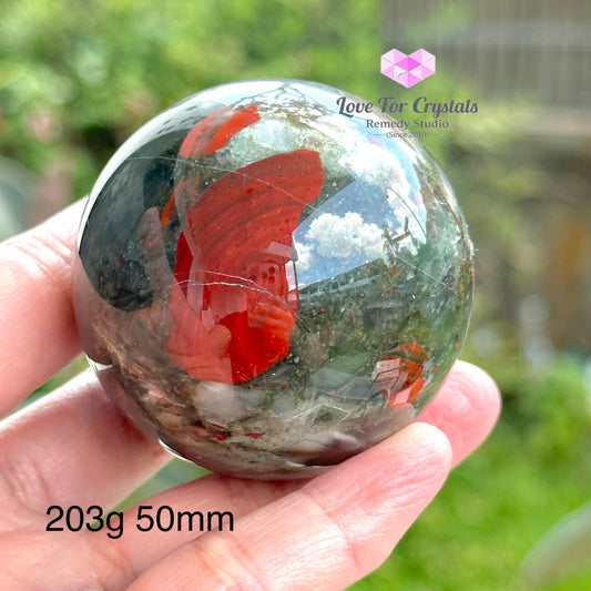 Bloodstone Spheres With Wooden Stand (India)Good Health 203G 50Mm Crystal