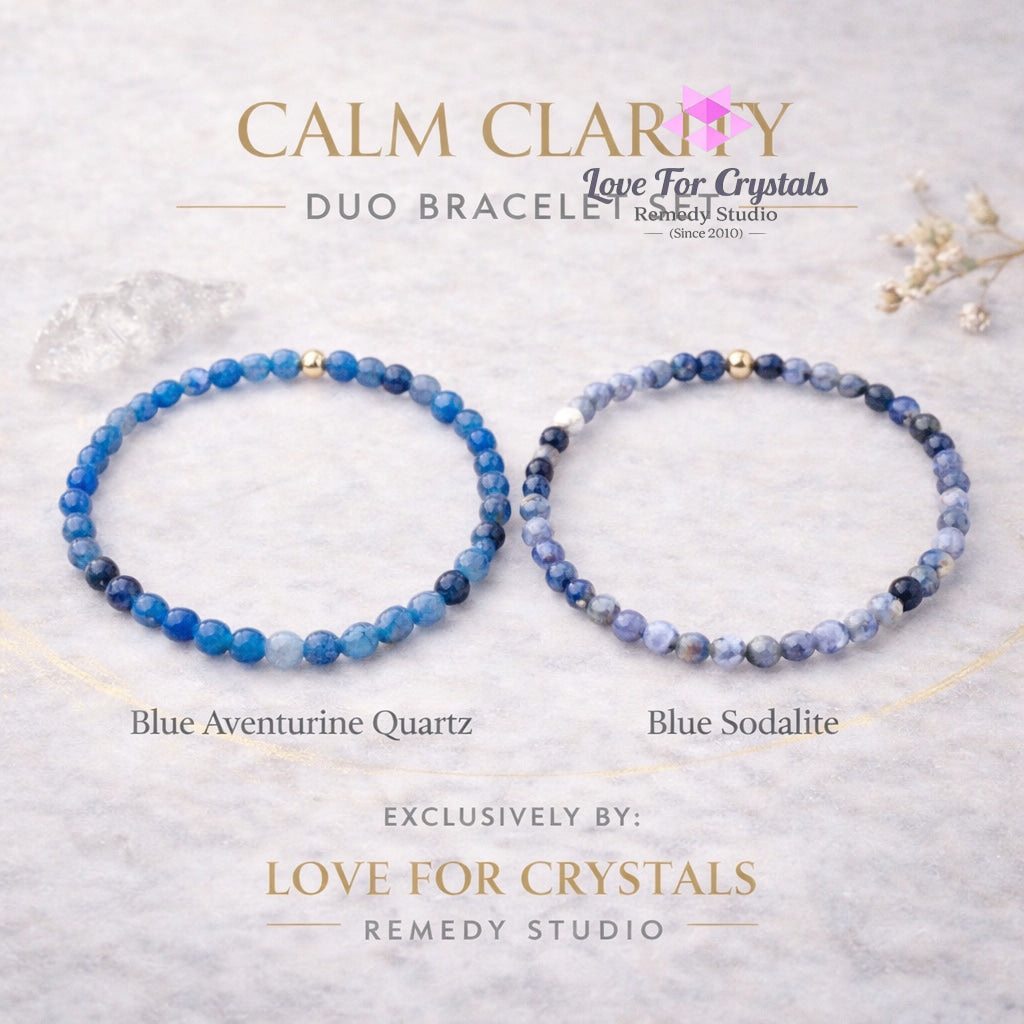 Calm Clarity Duo Bracelet Set (4mm Blue Aventurine Quartz & Blue Sodalite) Encoded & Attuned Remedy Bracelets