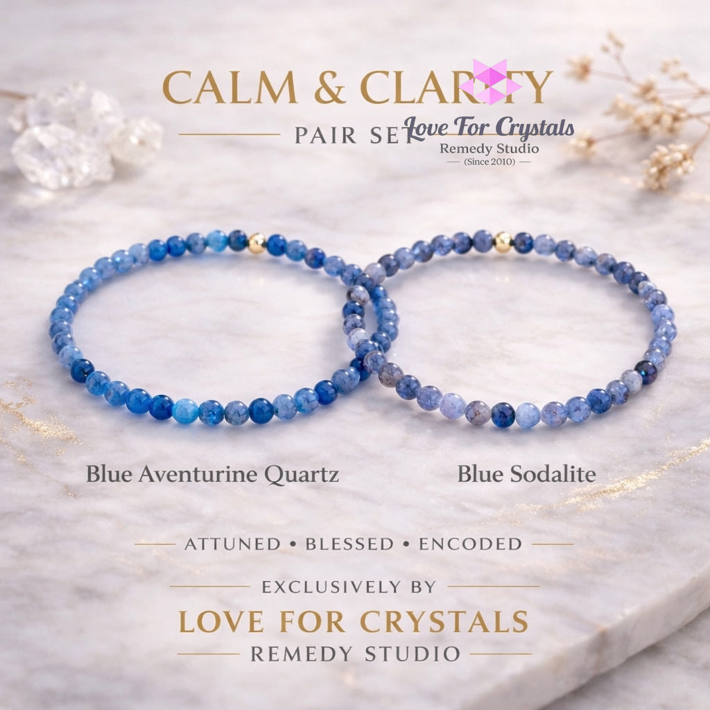 Calm Clarity Duo Bracelet Set (4mm Blue Aventurine Quartz & Blue Sodalite) Encoded & Attuned Remedy Bracelets