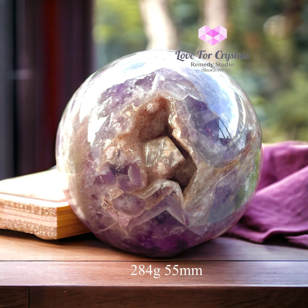 Chevron Amethyst Sphere (Brazil) With Wooden Stand 284G 55Mm