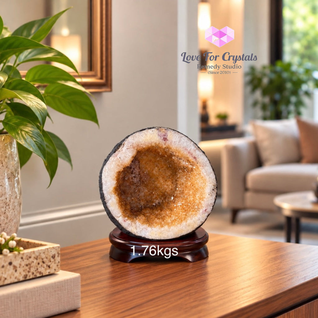 Citrine Wealth Bowl Geode (Brazil) with wooden base - 1.76kgs - Citrine