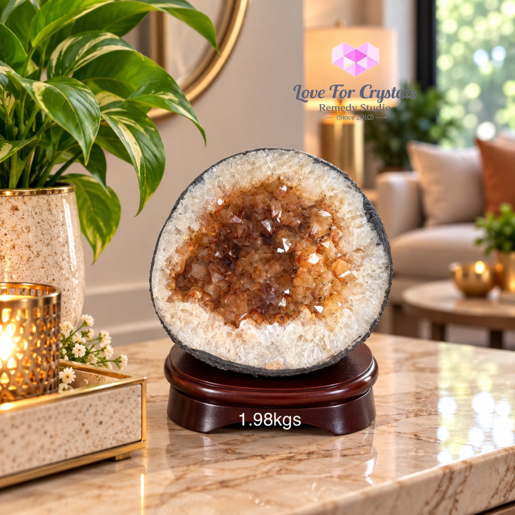 Citrine Wealth Bowl Geode (Brazil) with wooden base - 1.98kgs - Citrine