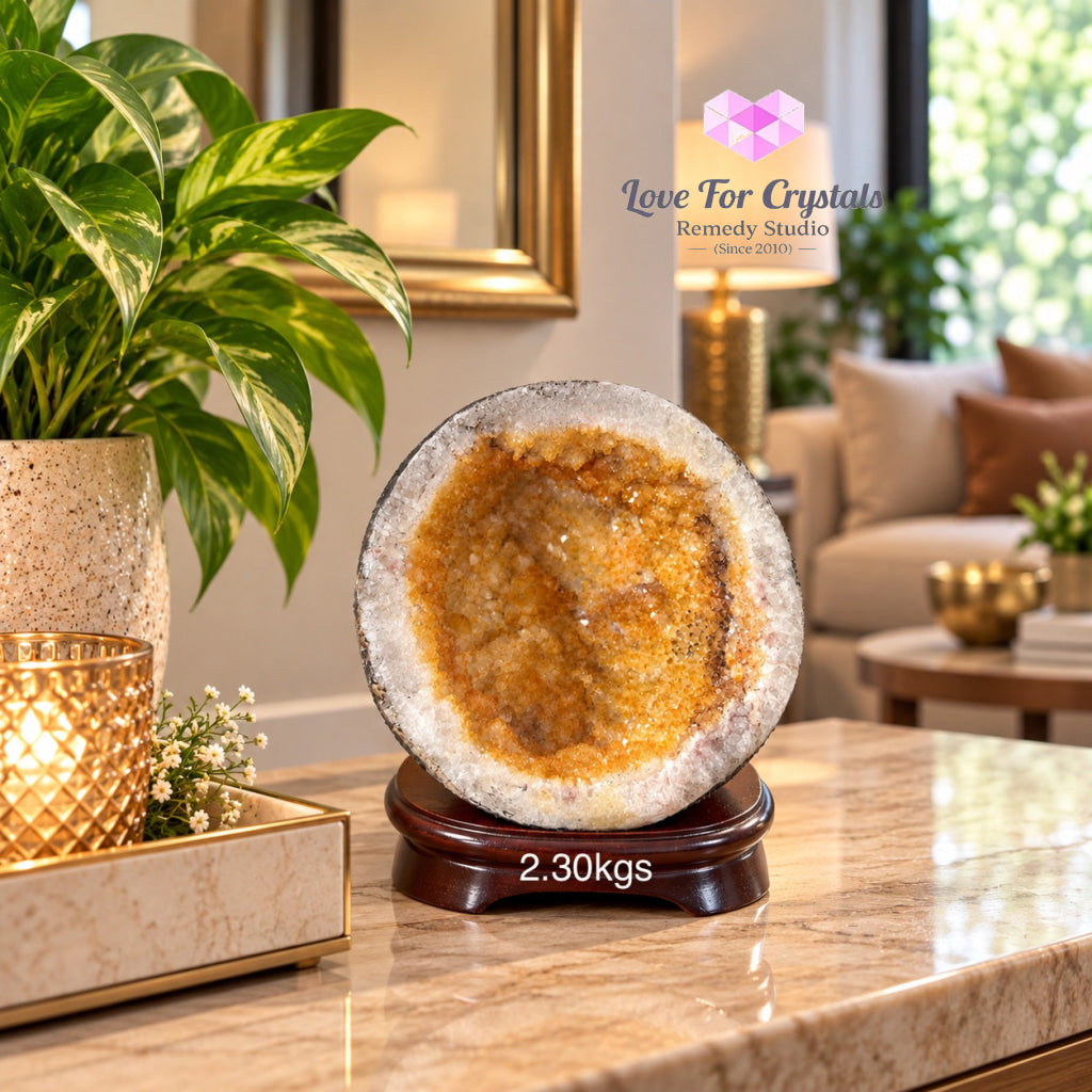 Citrine Wealth Bowl Geode (Brazil) with wooden base - 2.30kgs 120mm - Citrine